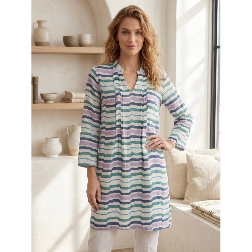 Pomegranate Linen Tunic Dress Wavy Stripe Pintuck 3/4 Sleeve Shift Size XS